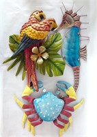 3 Tin Art Animals Parrots Seahorse Crab Wallhanger