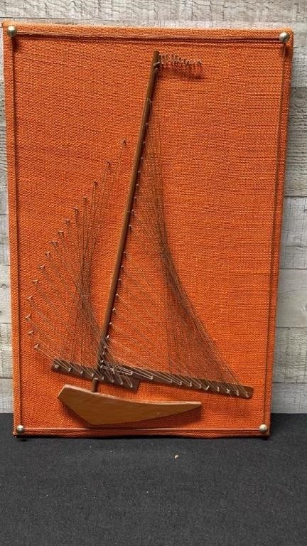 Vintage 1960's String Art Of Schooner On Cloth 12"