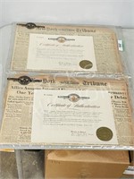 1922/1923 New York Tribune w/ certificate