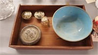 Wood Tray 2 Sm. Brass Boxes Cloisonne Bowl +