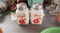 McKee Glass Red Ships Sugar + Flour Shakers