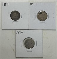 (3) 1800's SILVER SEATED LIBERTY DIMES COINS