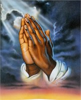 AARON HICKS LITHOGRAPH ON CANVAS PRAYING HANDS