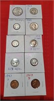 10 old 1940s coins walking liberty mercury silver