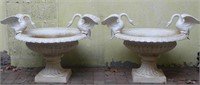 Pair Cast Iron Swan Urns