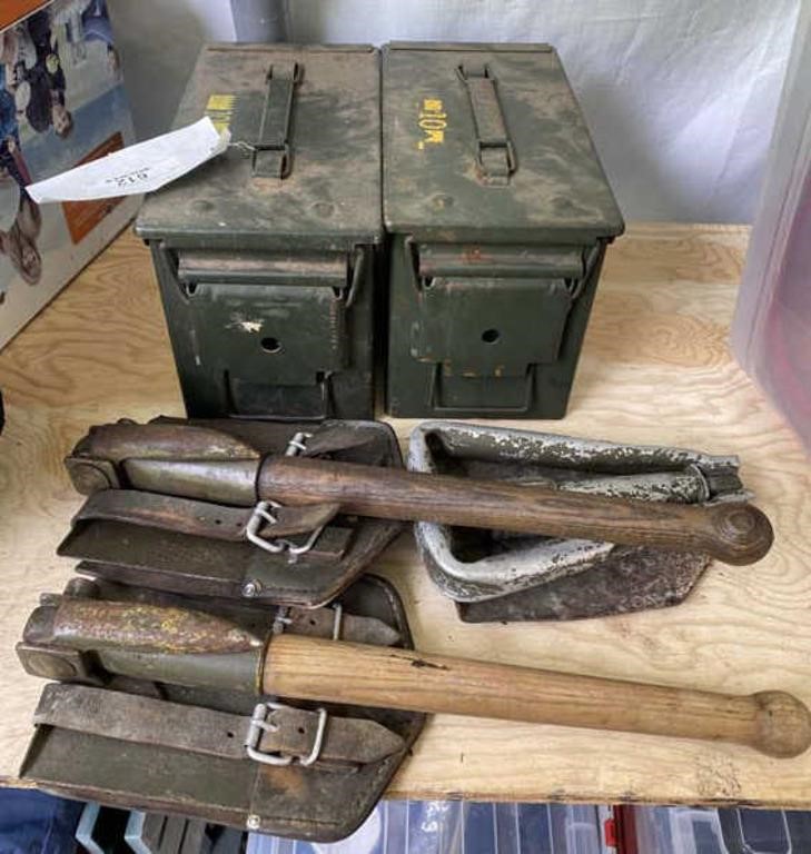 (2) Ammo Boxes & (3) Folding Military Shovels