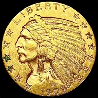 1909-D $5 Gold Half Eagle CLOSELY UNCIRCULATED