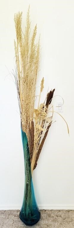 Tall Blue Glass Vase with Dried Grass and Pods