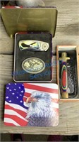 TWO PATRIOTIC KNIFE AND BELT BUCKLE SETS, 6"