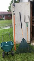 Pitch Fork, Leaf rack, fertilizer Spreader,  and