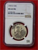 1950 D Franklin Silver Half Dollar NGC MS64 FBL