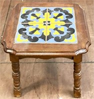Country Wood & Ceramic Tile Top End Accent Table
