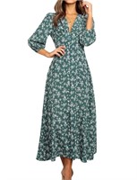 C49  Nlife Women Floral V-Neck Button Maxi Dress