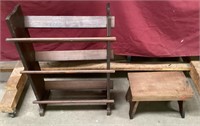 Vintage Oak Bookshelf & Wood Stool