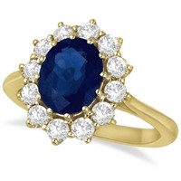 Oval Blue Sapphire and Diamond Accented Ring 14k Y