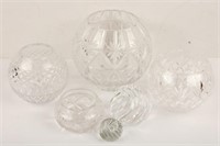 SIX GLASS SPHERICAL VASES AND CANDLE HOLDERS