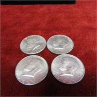 (4)1964 90% Silver Kennedy half dollar US coins.