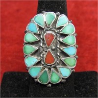 Turquoise coral silver Navajo singed ring.