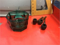 Green glass bowl w/ 3 pipes