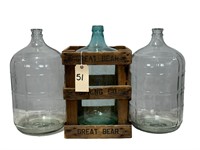 3- Vintage 5 Gallon Glass Jug & Crate