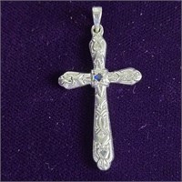 Sterling Silver Cross Pendant w/Sapphire, 3.7gr