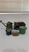 Lot of tin containers, cups, and watering can