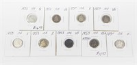 9 SEATED LIBERTY DIMES - 1853 to 1857