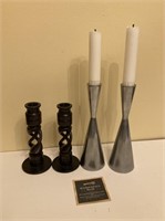 2 Sets of Candle Sticks, Stainless Steel & Carved