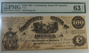 1861 Confederate States of America $100 T-13 PMG