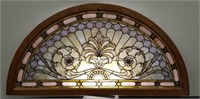 Antique stained leaded glass jeweled window: