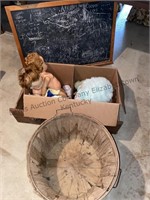 Wood drawer, chalkboard, bushel baskets & dolls