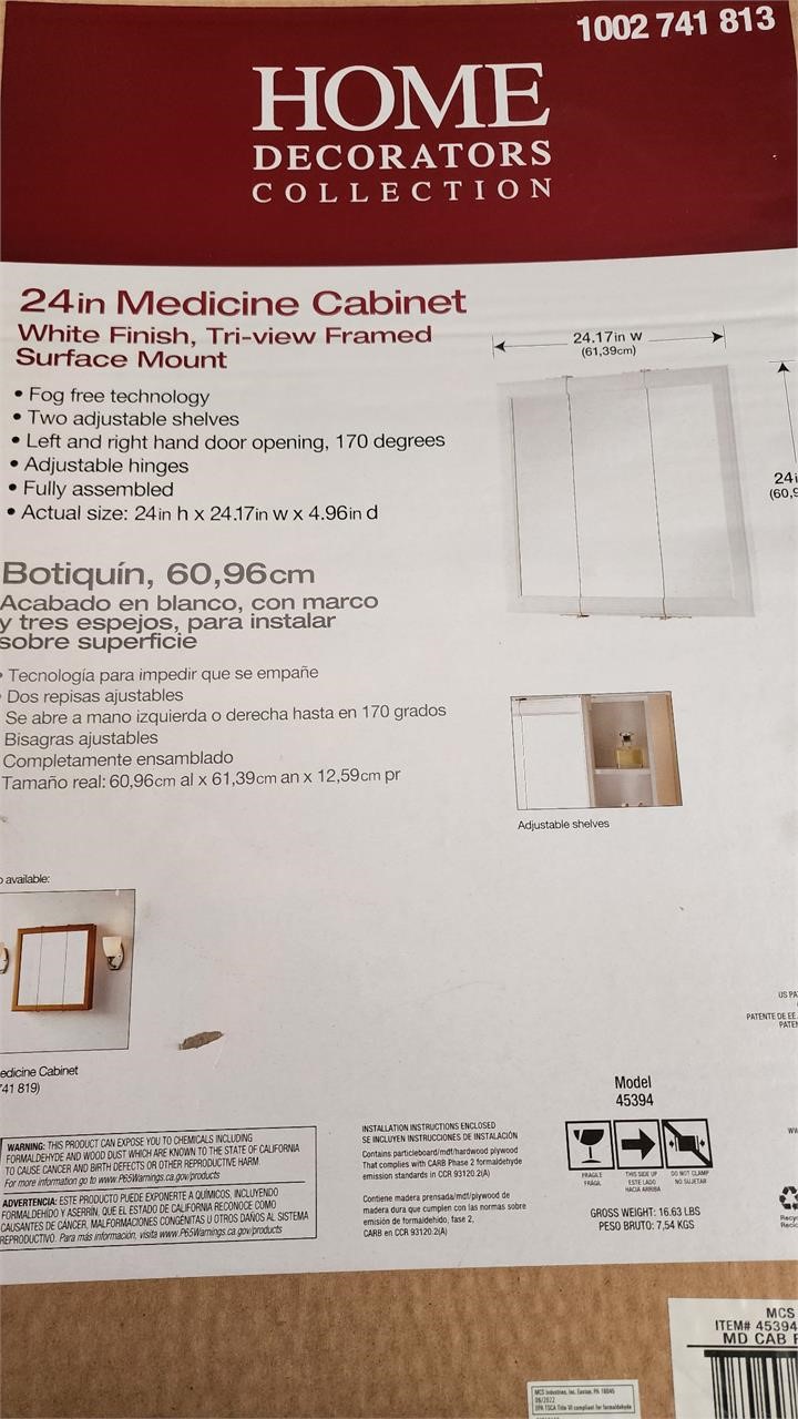 NIB 24" Tri Fold White Medicine Cabinet