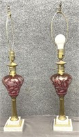 Vintage Pair of Ruby Etched Glass Lamps