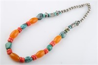 Sterling Silver, Turquoise, Coral Necklace