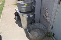 Three Galvanized Buckets & Trash Can