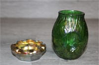 2pc 3.5" Green Tall Vase marked LCT Bowl