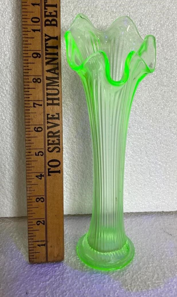 Uranium Glass Ribbed Ruffled Vase