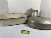 Enamel Ware Pan and Aluminum Pitcher and Lid