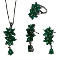 Lady's Sterling Silver Jewelry  w/ Emerald Flowers