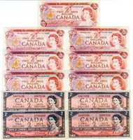 Lot - 11 Bank of Canada $2 -1954 & 1974  - $22 Fac