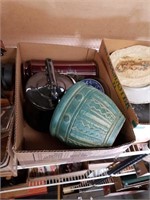 Box of tea kettle and pottery pieces