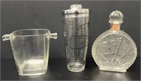 3 Vtg Barware: Decanter Cocktail Shaker Ice Bucket