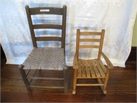 2 EARLY CHAIRS CANE BOTTOM CAHIR & CHILDS ROCKER