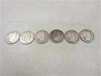(6) 1908 Barber Silver Half Dollars D