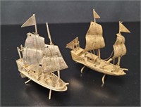 2 Silver Miniature Sailing Ship Models