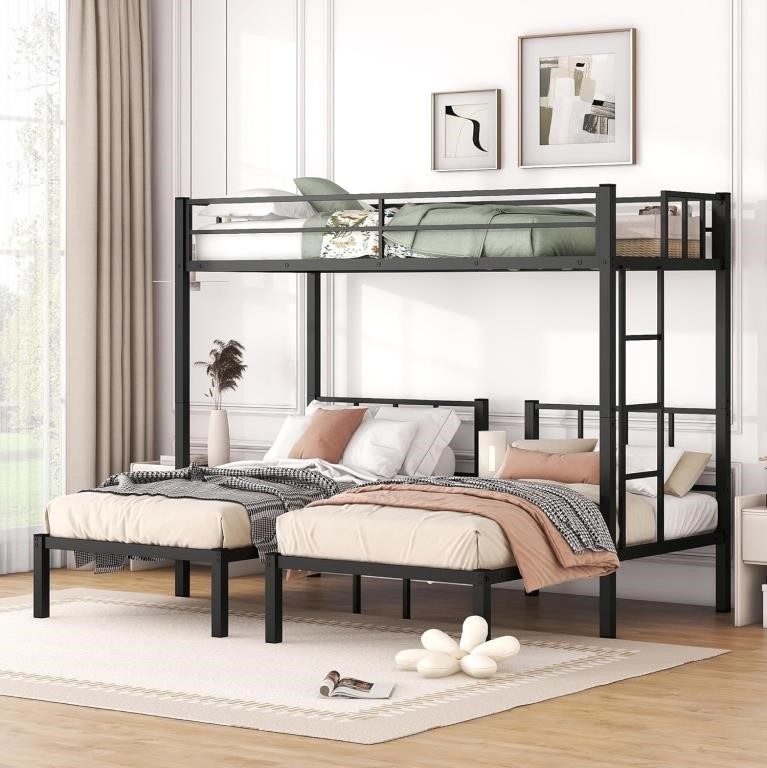 Triple Bunk Bed with Stairs, Twin Beds, Black