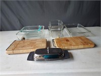 Variety of Pyrex Glass Dishes, cutting Boards,