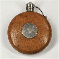 ANTIQUE LEATHER CASE ROUND FLASK W/ CENTER CUP
