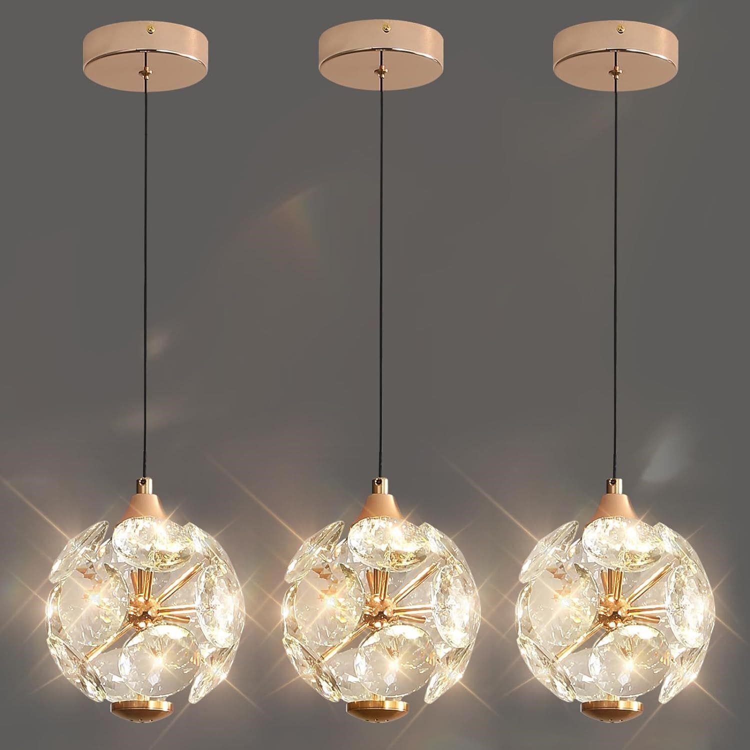 LED Crystal Pendant Hanging Light Fixture, 3 Pack