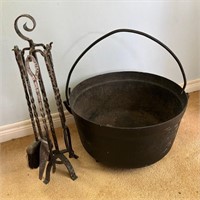 Rod Iron Fireplace Tools w/ Cast Kettle